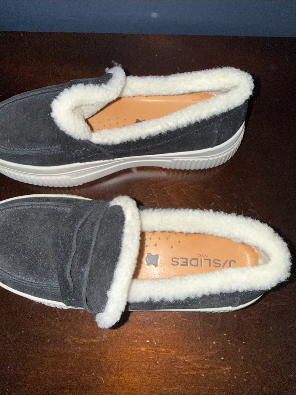 J/SLIDES Black Slip-On Loafers with White Shearling Trim